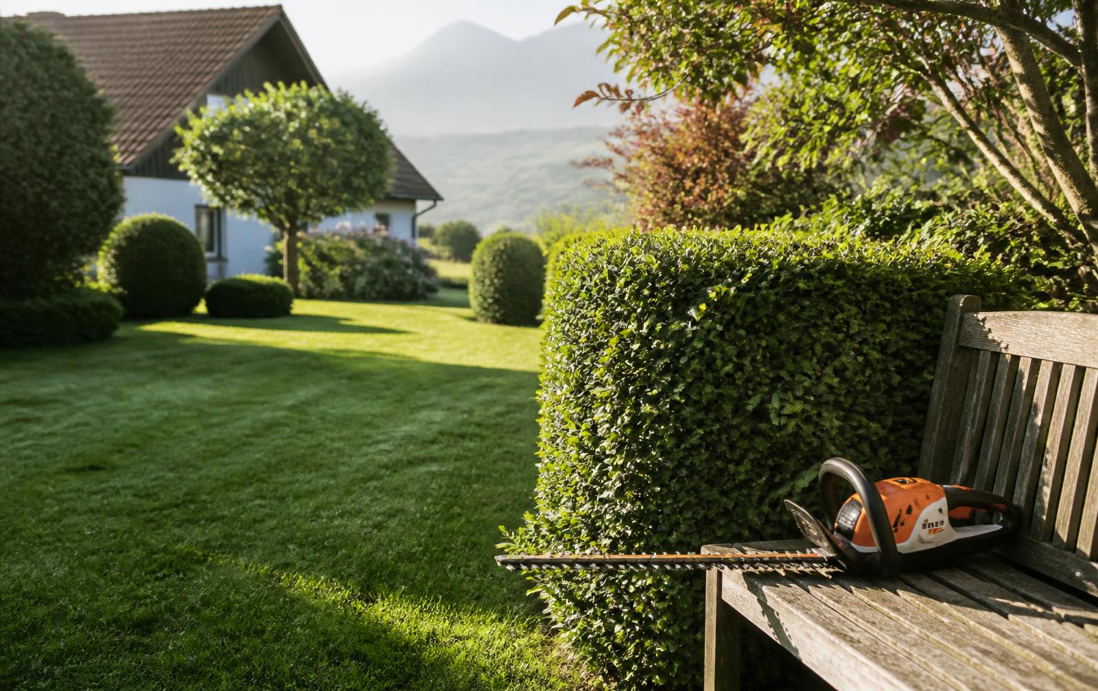 Gepflegter Garten mit frisch geschnittener Hecke und Rasen